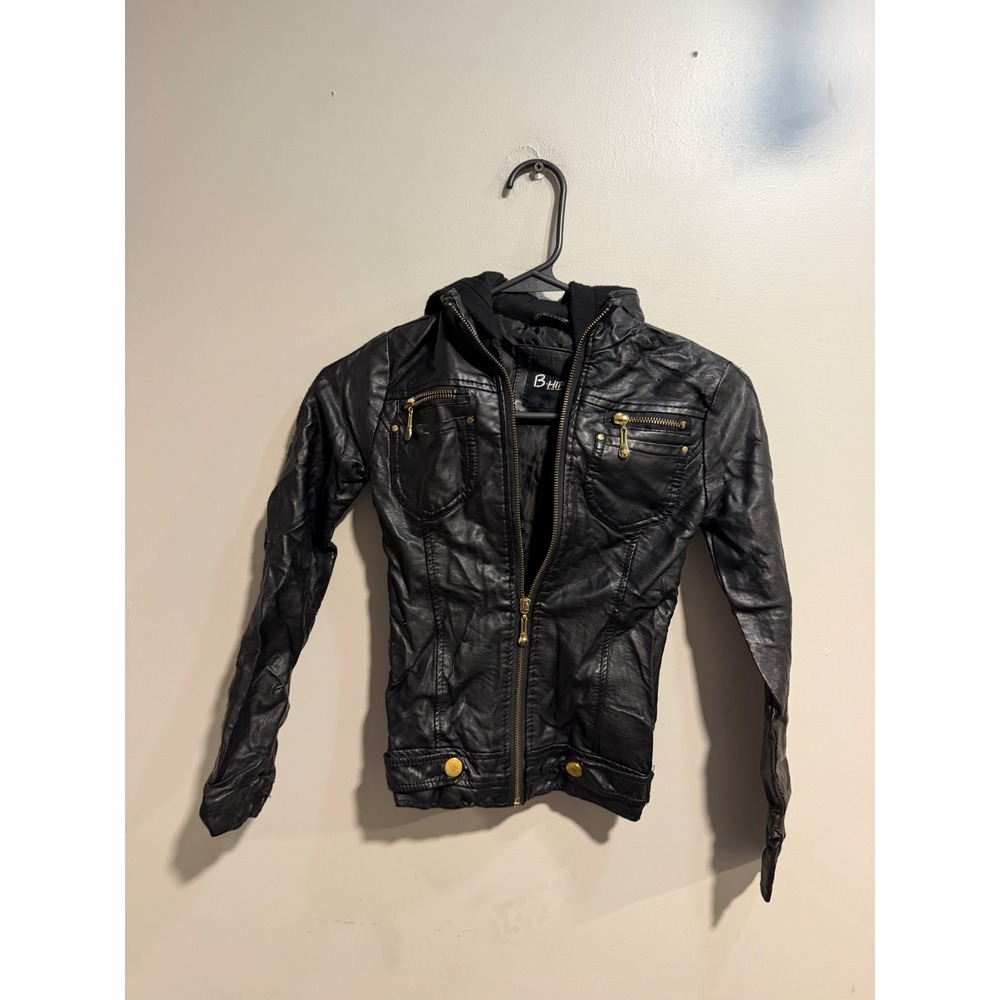 B-Hip by Me Jane Girls Black Faux Leather Moto Jacket with Hood Size 7